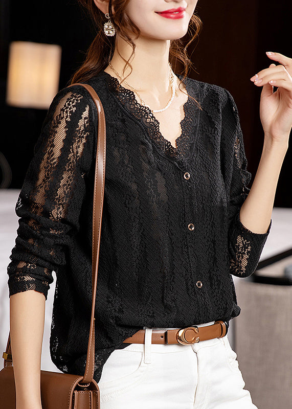 VCSHOES Loose Black V Neck Hollow Out Patchwork Lace Tops Long Sleeve
