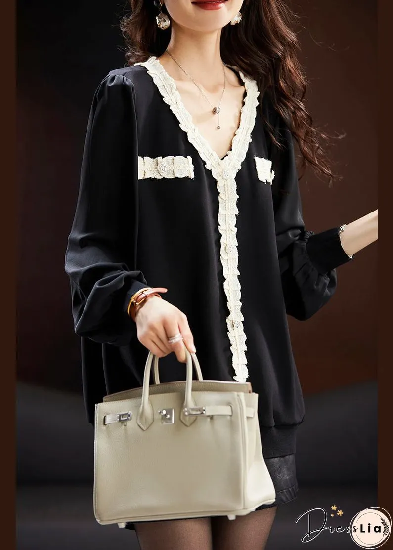 Italian Black V Neck Lace Patchwork Chiffon Tops Spring