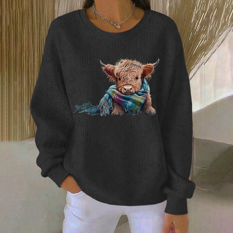 Women's Highland Cow Print Crew Neck Long Sleeve Casual Sweatshirt elevenforest