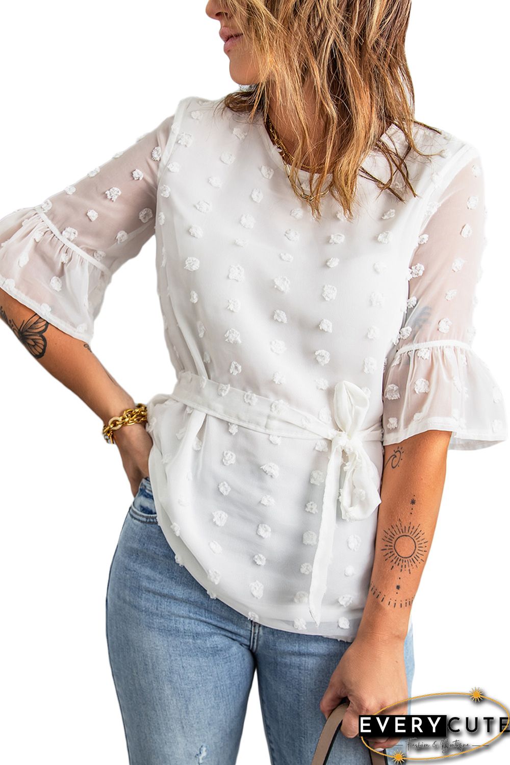 White Swiss Dot Tie Blouse