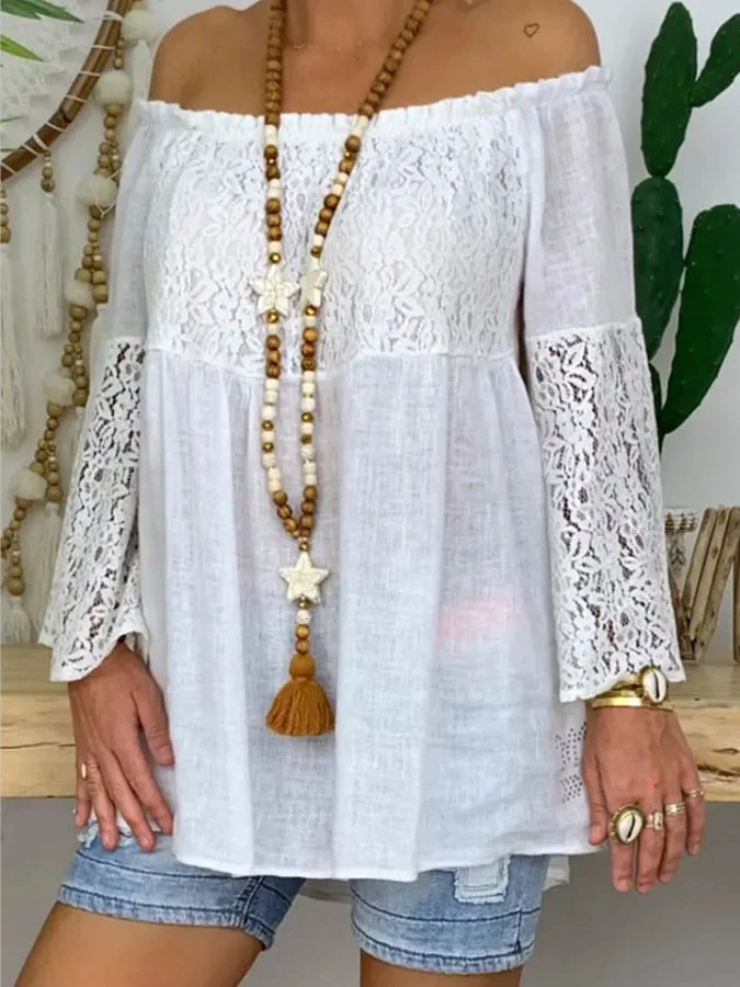 Women's Pure Color Lace Stitching Shirt