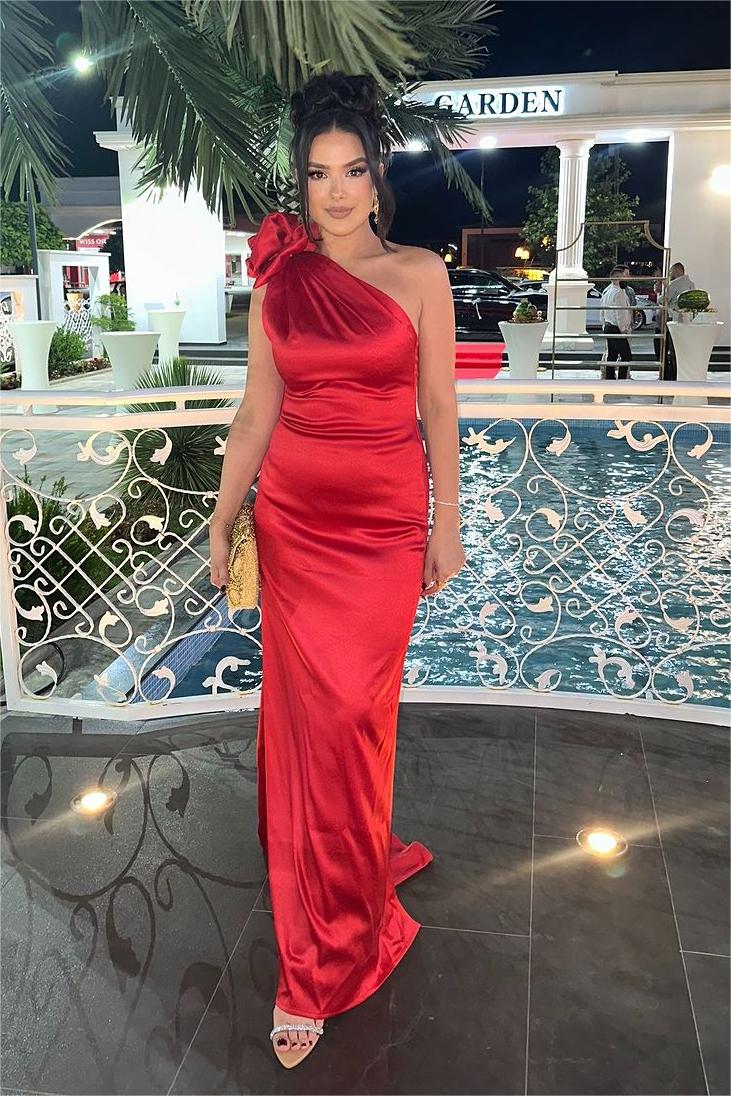 Oknass Glamorous Red Satin One Shoulder Sleeveless Long Prom Dress With Pleated