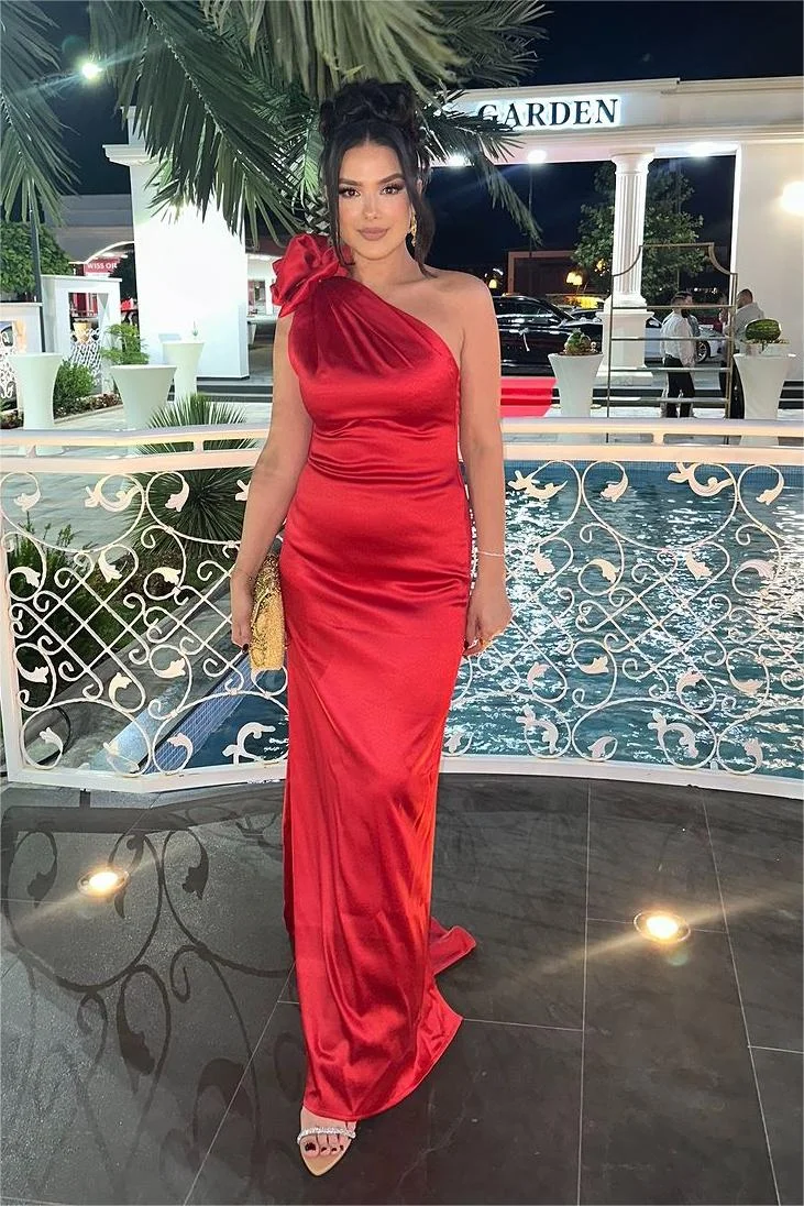 Hellodresses Glamorous Red Satin One Shoulder Sleeveless Long Prom Dress With Pleated