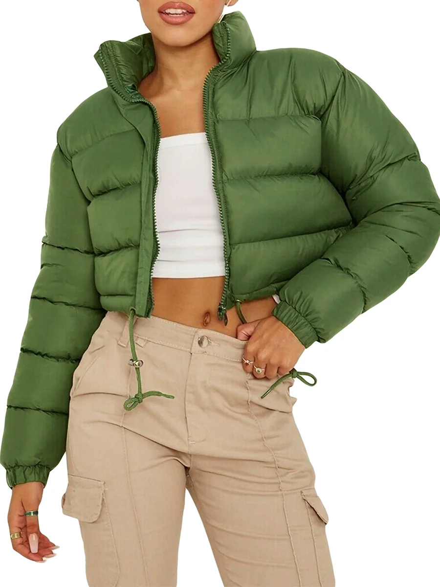 Huibahe Women' s Cropped Quilted Puffer Jacket Coats Stand Collar Zipper Padding Warm QuiltedDrawstring Jackets Outerwear