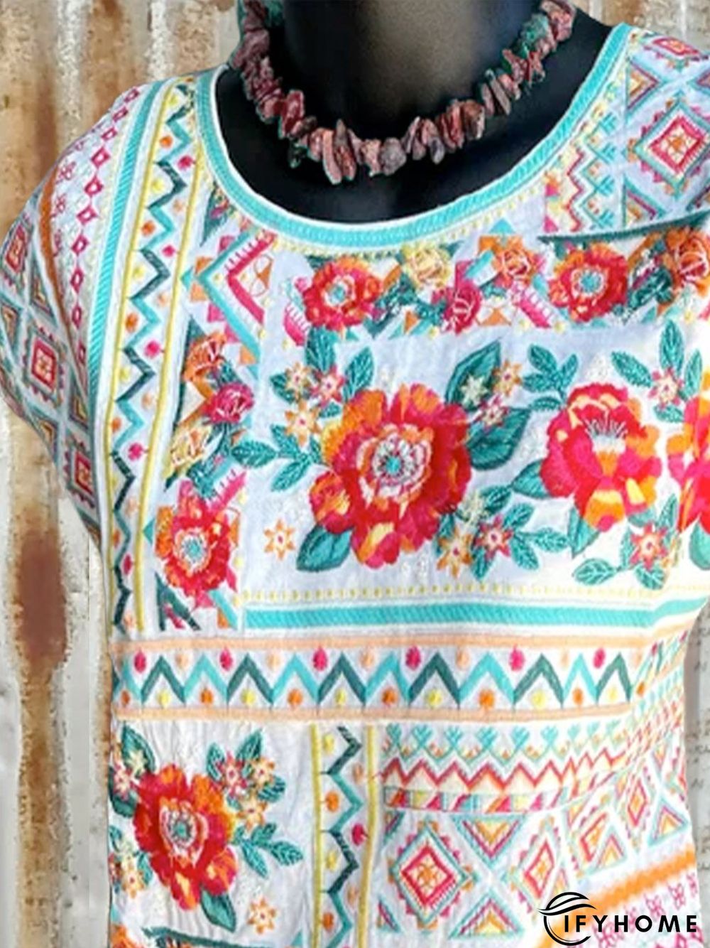 Geometric Flowers Casual Cotton-Blend Top | IFYHOME