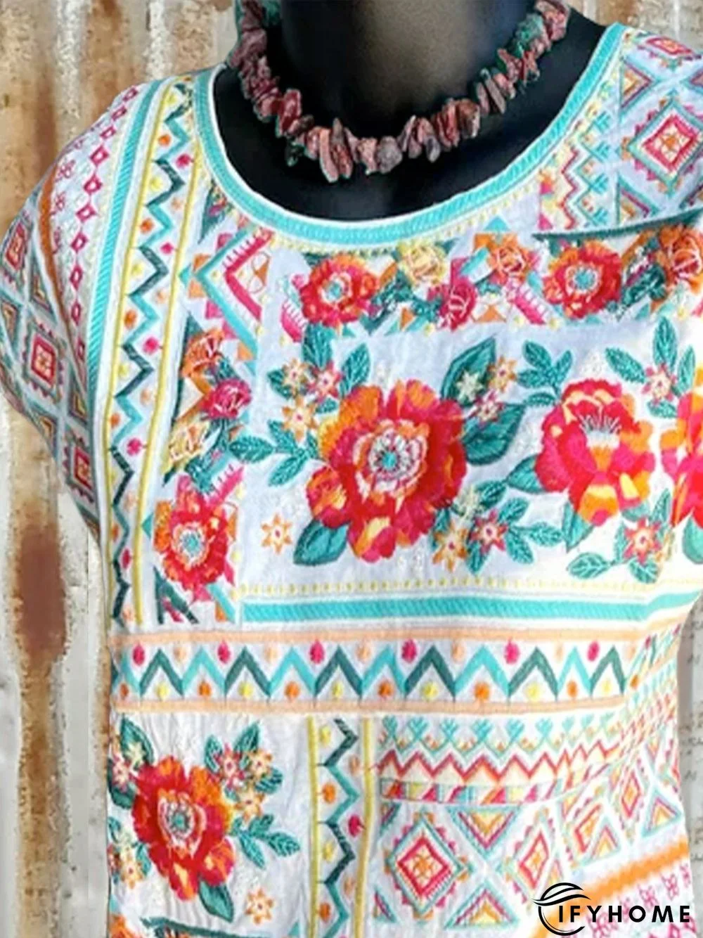 Geometric Flowers Casual Cotton-Blend Top | IFYHOME