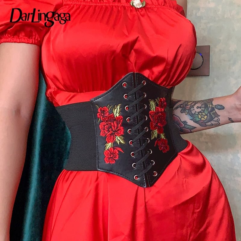 Darlingaga Streetwear Mall Goth Dark PU Leather Top Women Floral Lace Up Corset Top Bandage Cummerbunds Belt Outfits Gothic 2021