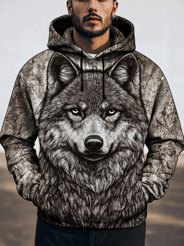 Men's Retro Wolf Art Printed Casual Hoodie