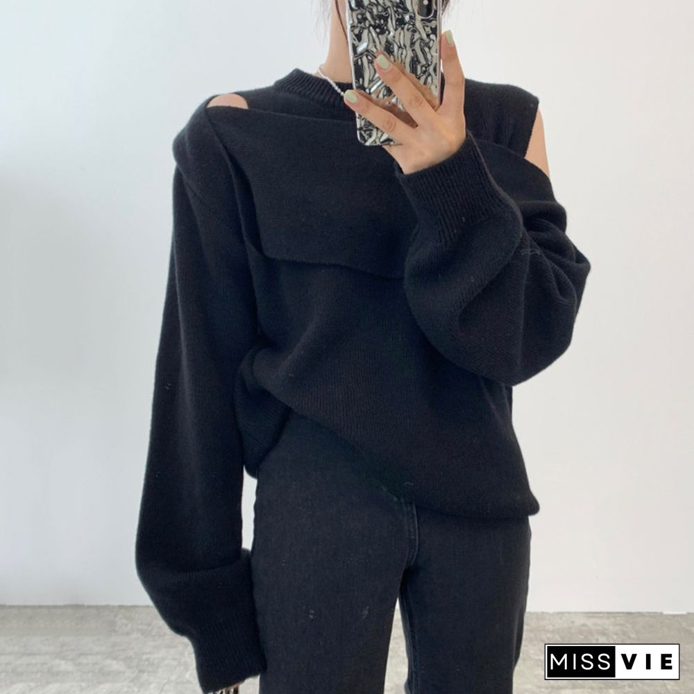 Chic Design Cold Shoulder Pure Color Sweater
