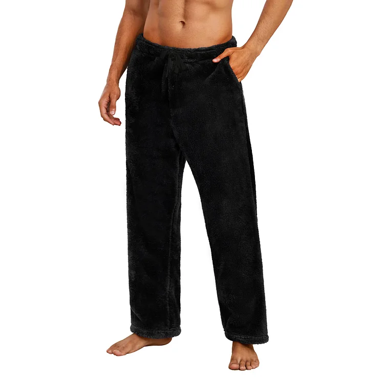Vulcanodon Mens Plush Warm Pajama Pants, Fluffy Soft Fleece Sleep Pant with Pockets Lounge Pj Bottoms for Men （Black, L）