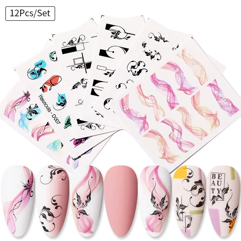Harunouta 12Pcs Gradient Geometry Line Water Decals Set Pink Blue Colorful Whirlpool Wave Stickers Sliders Nail Art Decorations