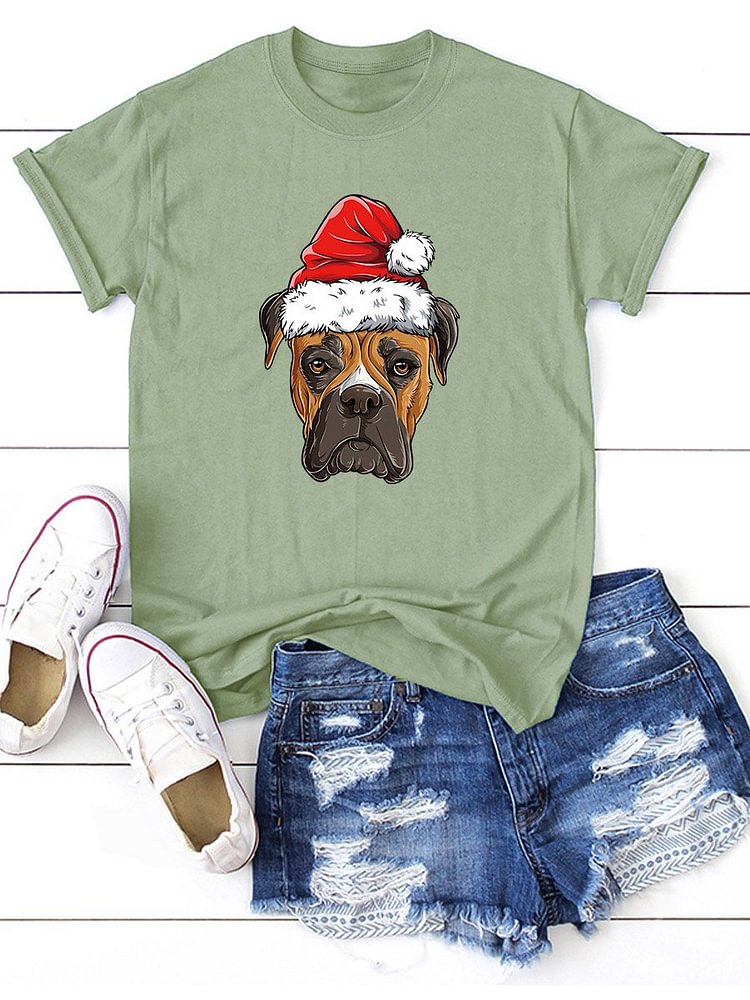 Bestdealfriday Christmas Hat Dog Printed Round Neck Casual Short Sleeve T-Shirt