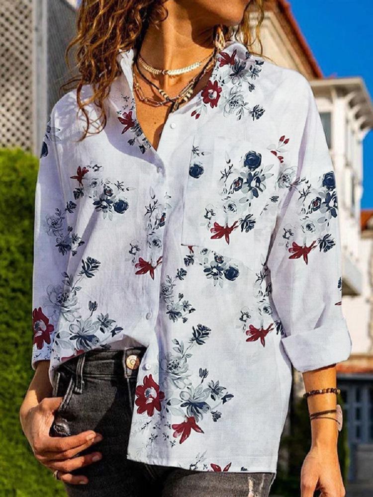 Women Long Sleeve Stand-up Collar Floral Printed Graphic Top