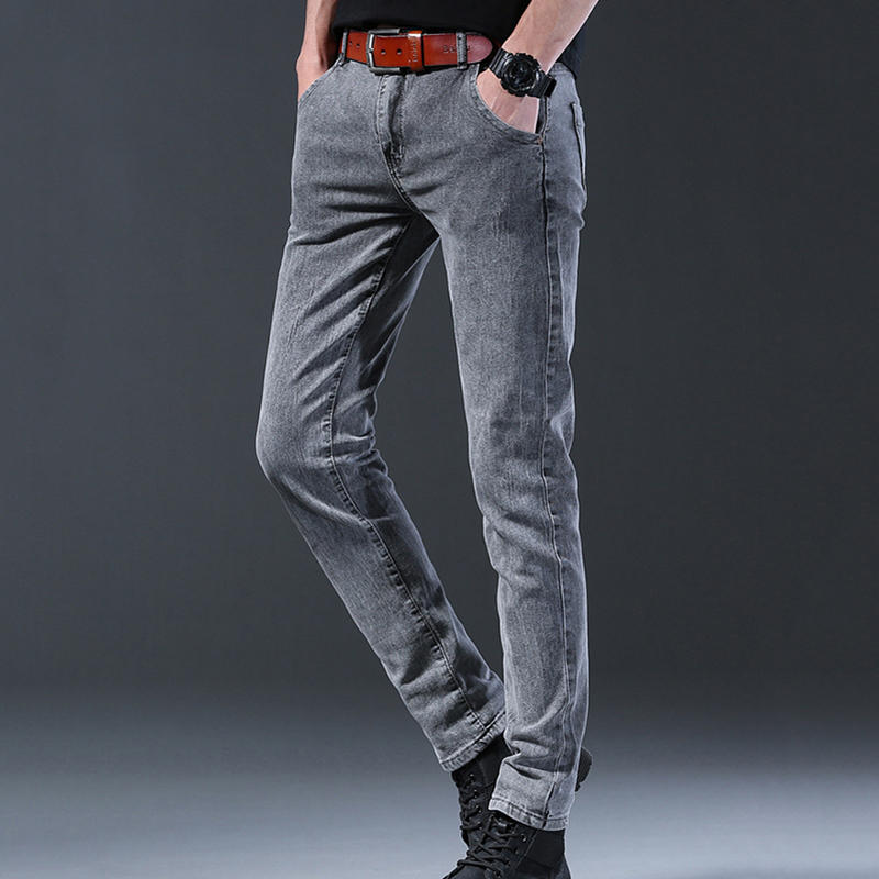 Abeerbajpai Grey Denim Jeans Men's Slim Elastic Pants Grey Fashion Spring Summer Men's Long Thin High Street Small Feet Trousers