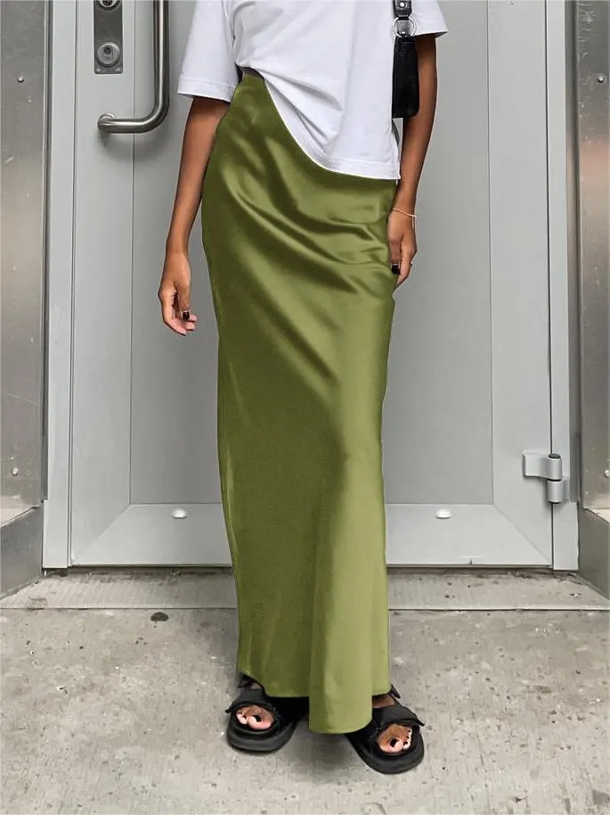 Brownm Solid Color Satin Maxi Skirt