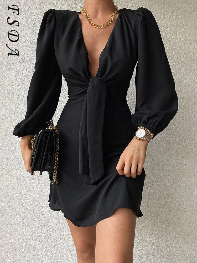 FSDA 2021 V Neck Bandage Dress Party Women Black Long Puff Sleeve Mini A Line Autumn Winter Wrap Dresses Elegant Red Sexy Club