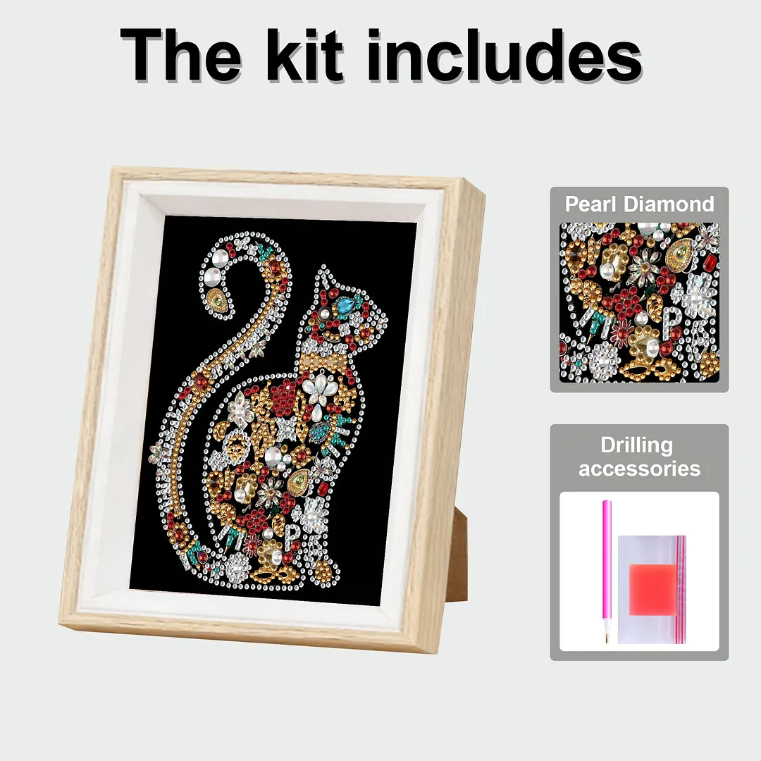 Jewelry Cat Silhouette Special Shaped 5D DIY Partial Drill Diamonds Dots Gem Art Kits with Wooden Frame Diamonds Paintings Gem Art 17x22cm for Adults Beginners Home Decor