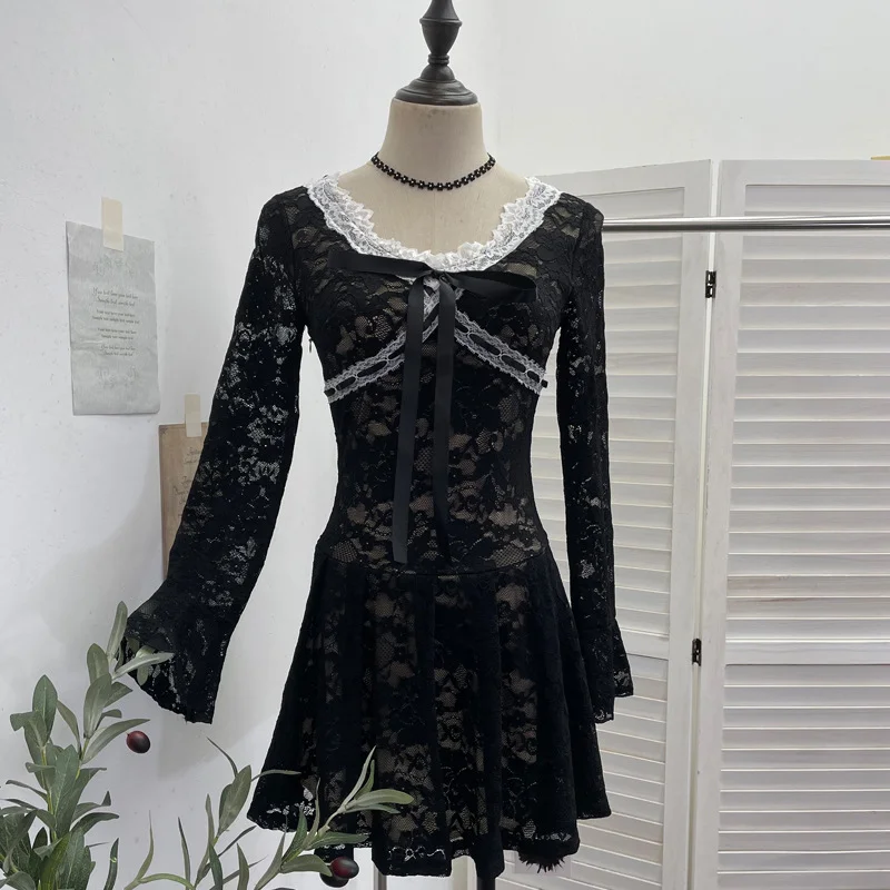 Nigikala Nigikala Shooting Retro Irregularly Hollow Knitted Jersey Dress Girl With Hottie Word Shoulder Collar Blouse 8101