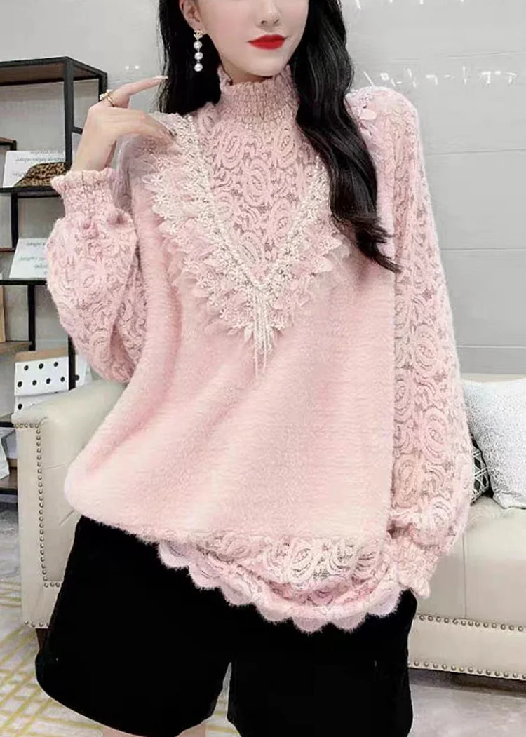 French Pink Turtleneck Nail Bead Lace Warm Fleece Top Winter
