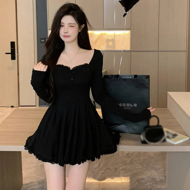 Autumn Women Square Collar Korean Dress Short French Style Long Sleeve Collarbone Exposed Slim Dresses LANFUBEISI