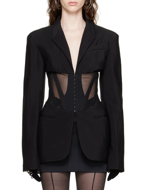 Buckle Gauze See-Through Solid Color Split-Joint Long Sleeves Notched Collar Blazer