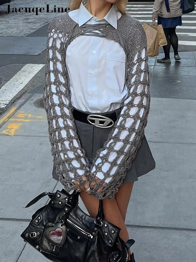 Jacqueline 2022 Y2K Retro Knitted Crop Top Long Sleeve Smock T Shirt Women Sun Protection Breathable Patchwork Hollow Out Tees