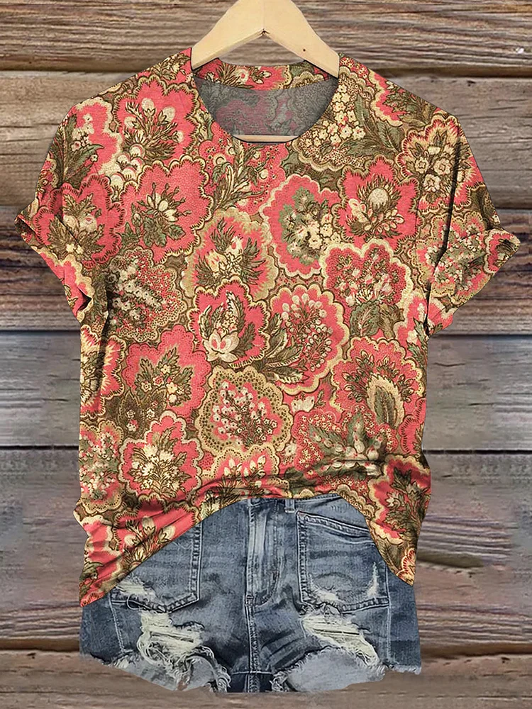 Vintage Floral Print Casual Short Sleeve Top