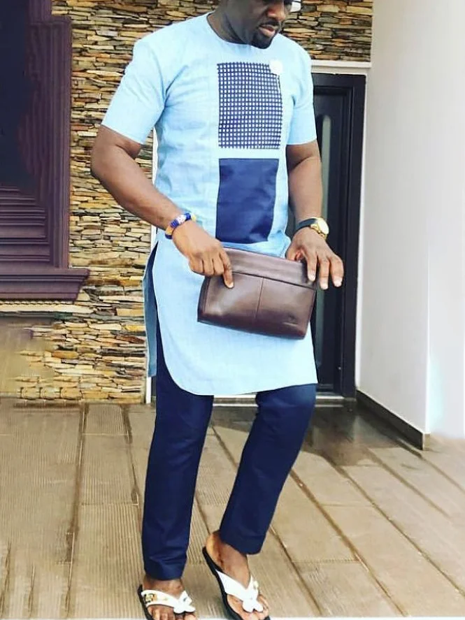 Men's chic casual blue stripe print two-piece set
