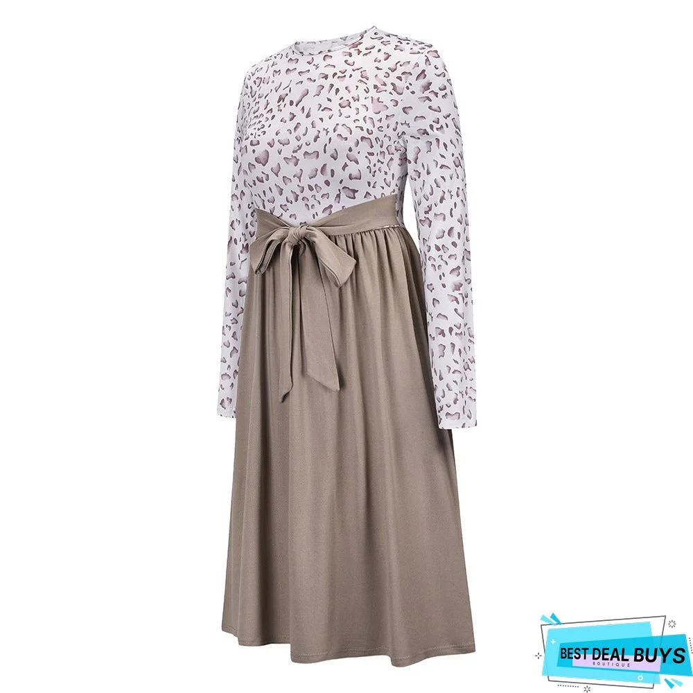 Leopard Stitched Long Sleeve Dress New Knitted Skirt In Autumn and Winter Black Dresses