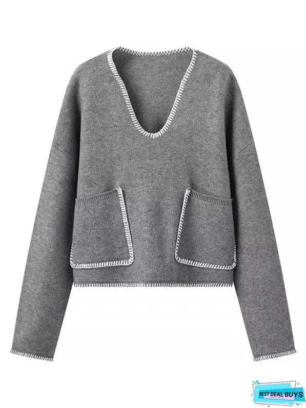 Double Pocket Knit V-Neck Sweater