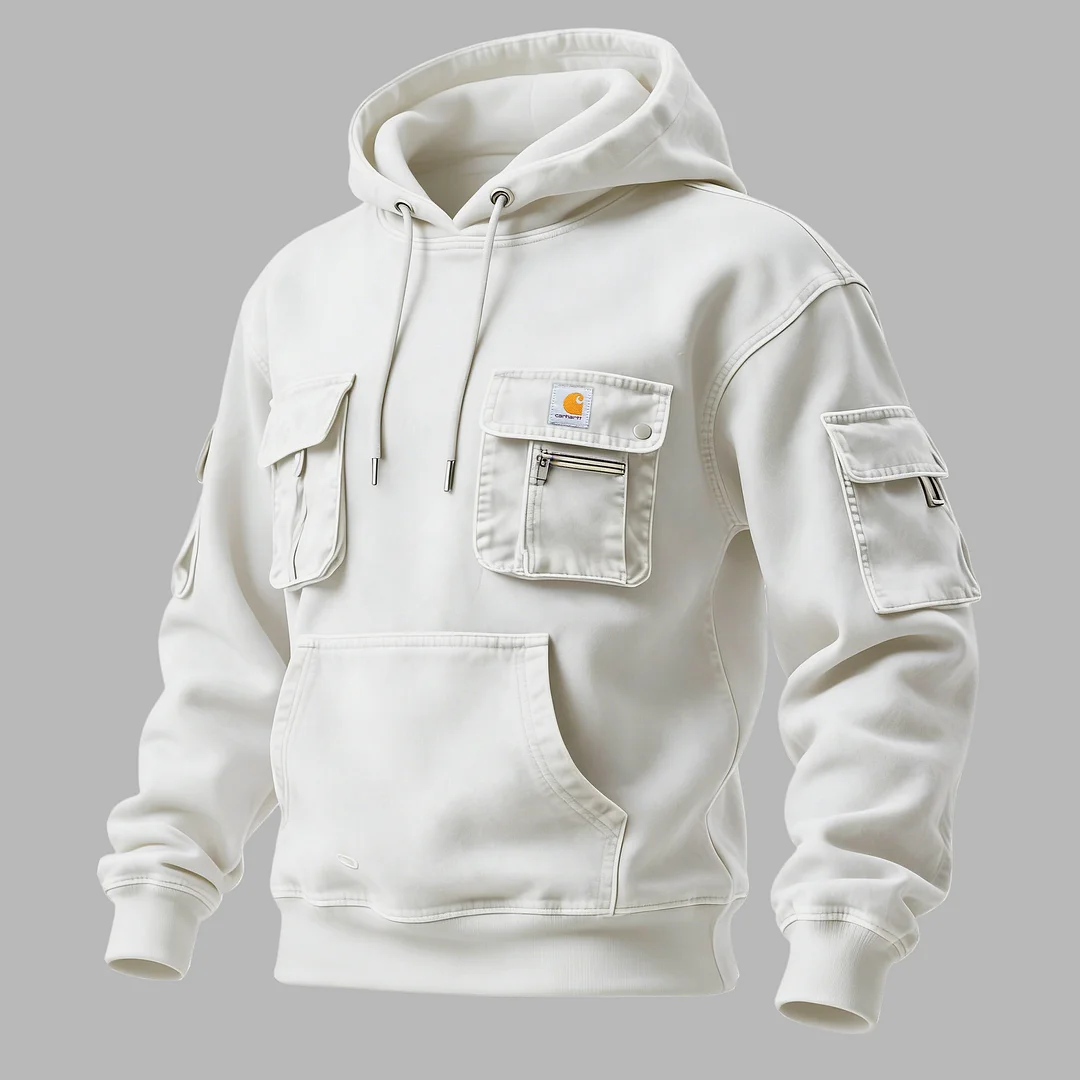 Street Style Multi-functional Multi-pocket Retro Washed Hooded Sweatshirt