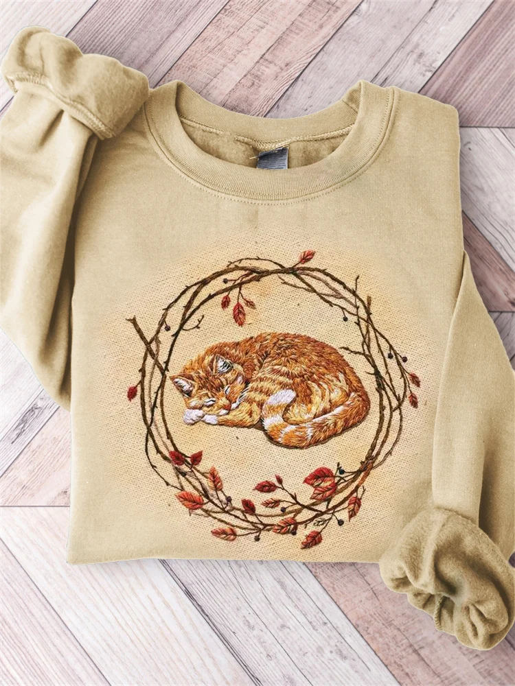Fall Sleeping Cat Embroidery Art Comfy Sweatshirt