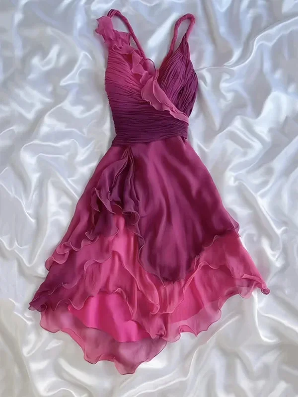 Pink Purple Fashion Gradient Ruffles Spaetti Straps Long/Short chiffon Homecoming Dresses Prom Dresses Evening Dresses Party Dresses Prom Dresses