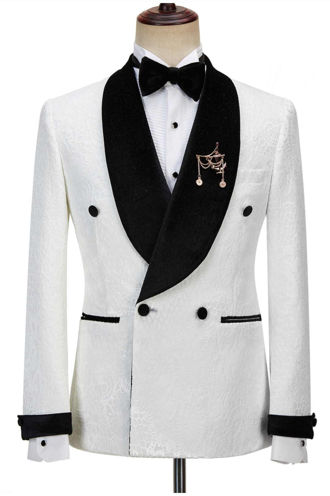 Dresseswow Chic Jacquard Shawl Lapel Reception Suit For Guys Double Breasted White Sparkle