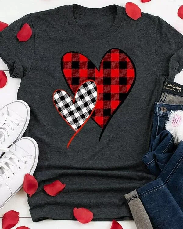 Plaid Splicing Heart O-Neck T-Shirt