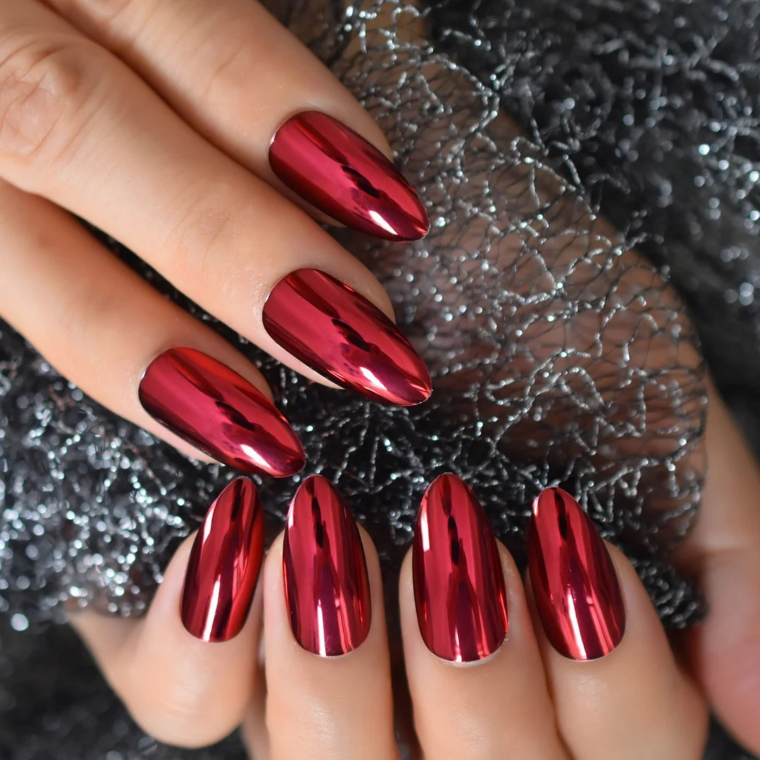 Dark Red Metallic Nails Almond Short Burgundy Mirror Press On False Nail Tips Stiletto Glossy Full Cover Stick On Nails 24pcs-Nail Inspo