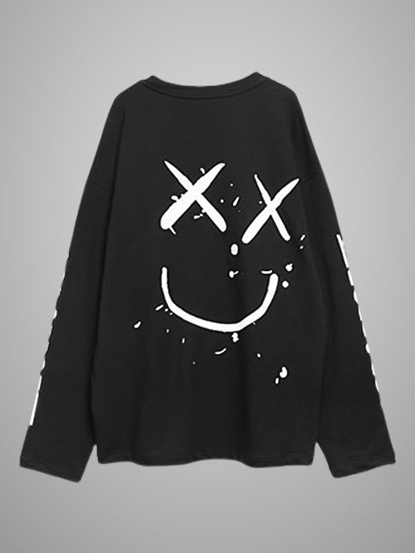 Dark Goth Oversized Long Sleeve Round Neck Emo Black Hoodie + Skull