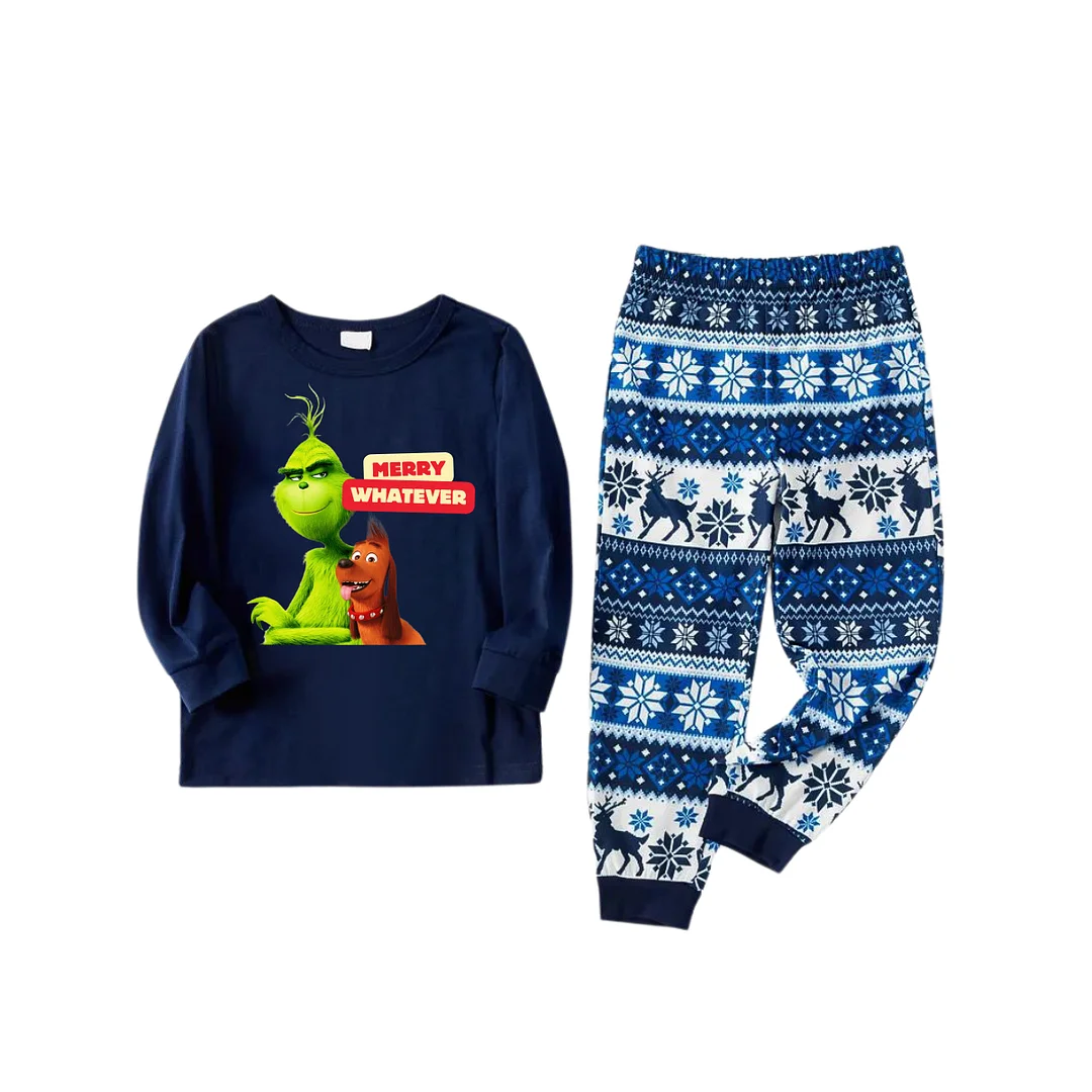 Cartoon Pattern and "Merry Whatever" Text Printed Blue Top Navy Blue Plaid Pants Family Matching Pajamas