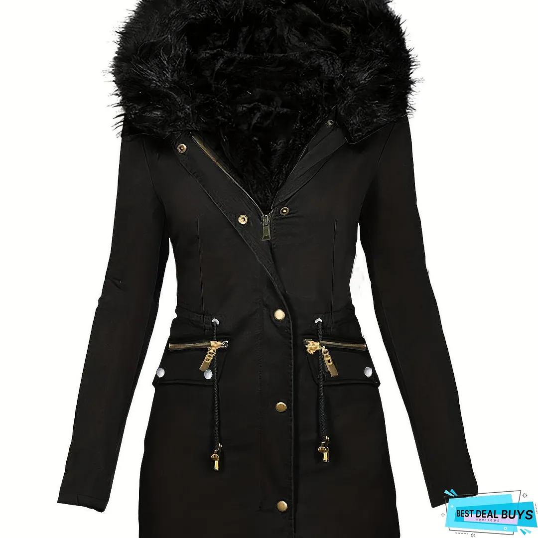 Faux Fur Hood Drawstring Parka Coat, Zip Up Button Front Pocket Thermal Overcoat, Women's Clothing