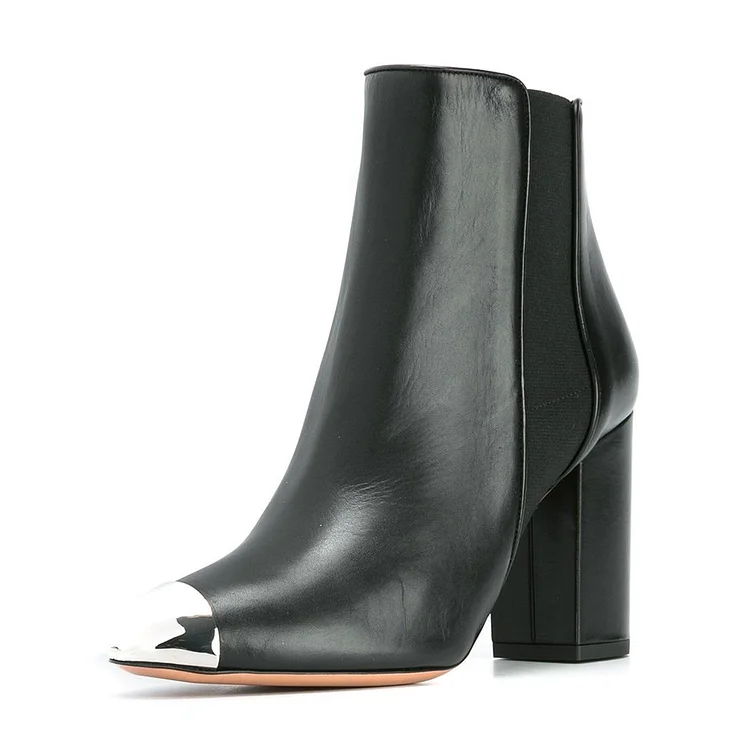 Black Women's Dress Boots Silver Metal Toe Chunky Heel Chelsea Boots |FSJ Shoes
