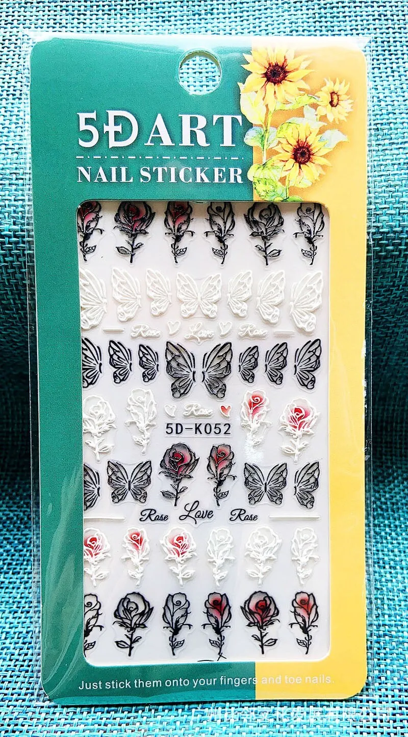 5D Embossed Nail Art Stickers Butterfly Rose Animal Design Flowers Lace Gel Decals Acrylic Engraved Sliders Manicure Art Decora-Nail Inspo