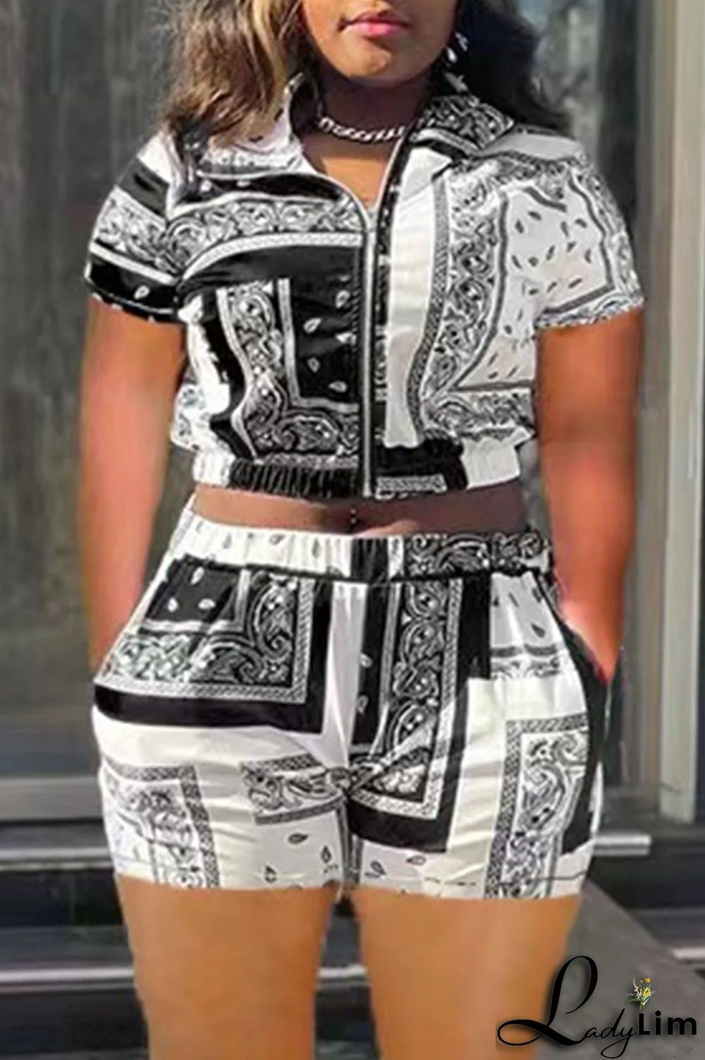 Black Fashion Casual Print Basic Turndown Collar Short Sleeve Two Pieces