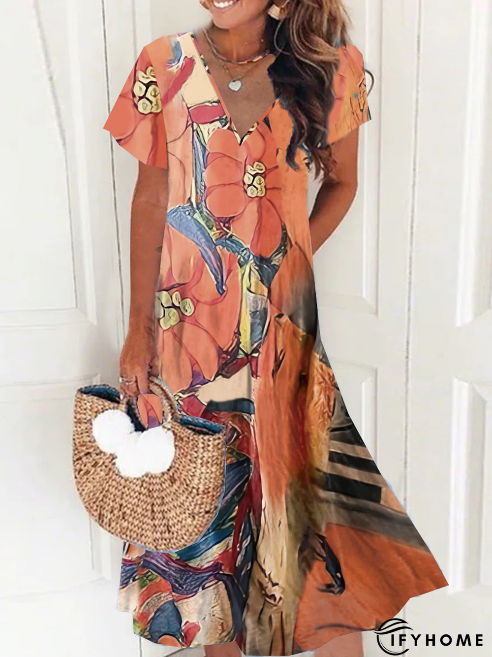 Floral V Neck Loose Polyester Fibre Short Dress | IFYHOME
