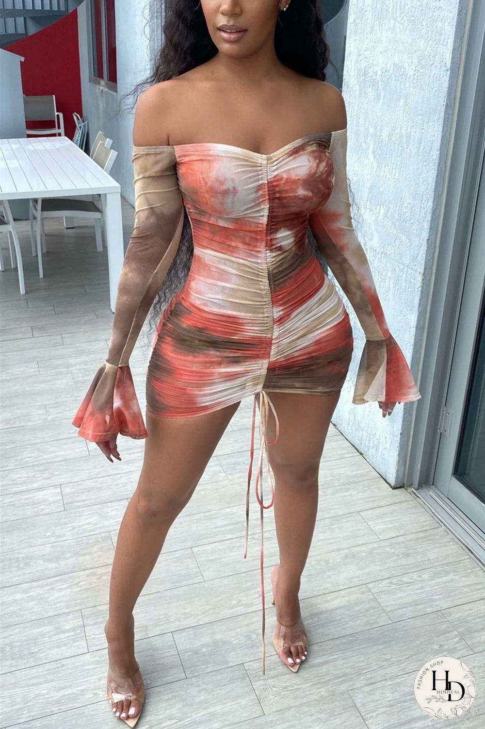 Rose Red Fashion Sexy Print Draw String Backless Bateau Neck Printed Dress