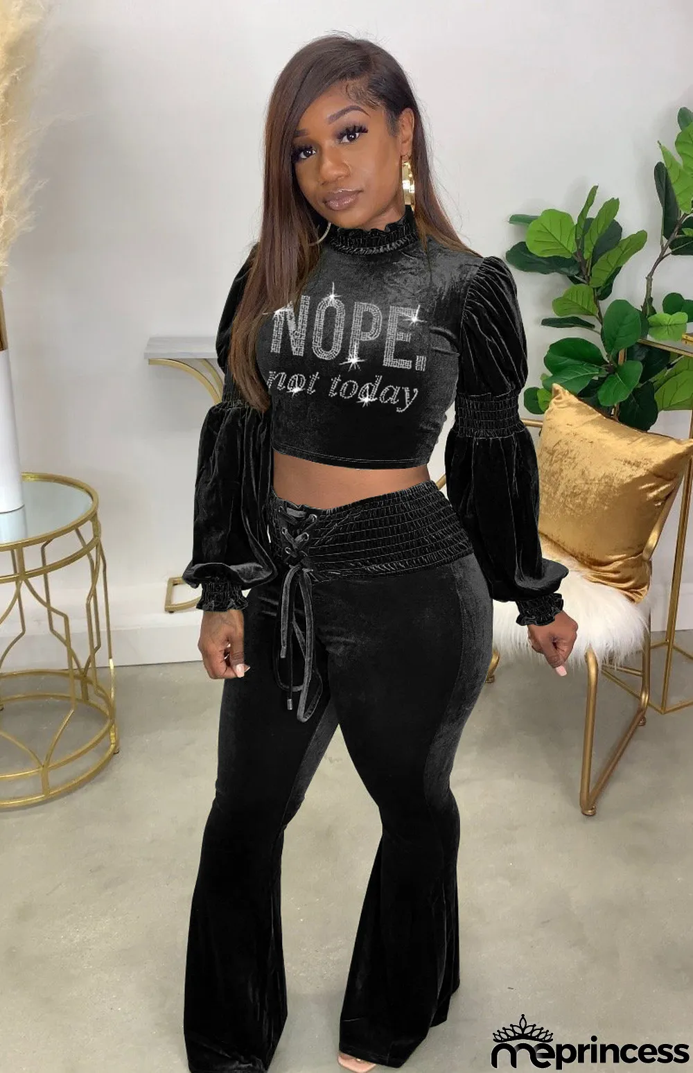 Fashion Letter Print Princess Sleeves Slim-Waist Flare Pant Suits