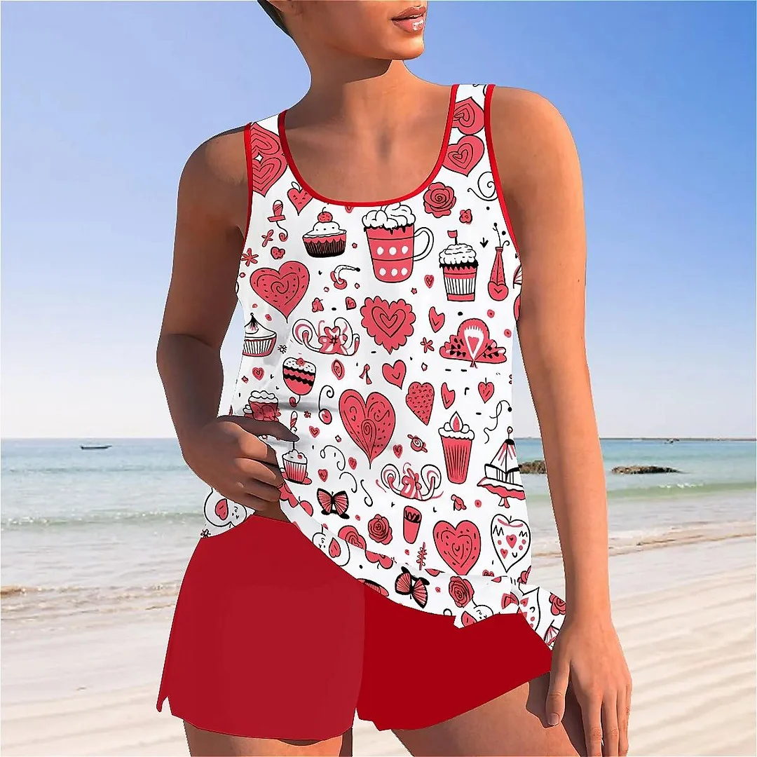 Bowknot Heart,Love,Valentine's Day Mid Waisted Tankini Set - Plus Size Available
