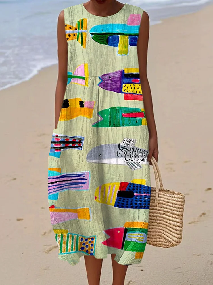Women's Vintage Fish Art Print Sleeveless Cotton Pocket Wrap Dress
