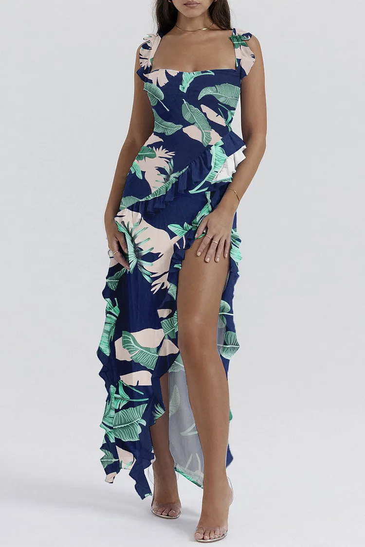 Casual Sweet Street Daily Elegant Vacation Mixed Printing Patchwork Flounce Slit Printing Square Collar Dresses