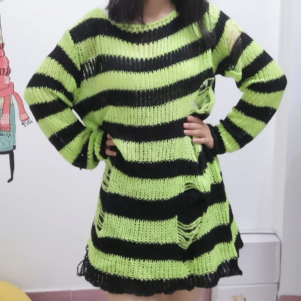 Halloween 200 Gothic Knitted Sweater Women Long Pullovers Striped Loose Winter Ripped Plus Size Sweaters Jumpers Mujer Jersey 924