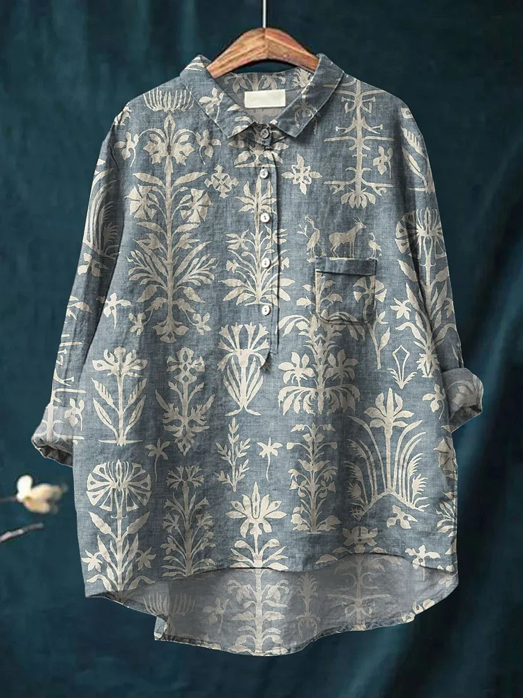 Women's Vintage Art Print Casual Cotton And Linen Shirt